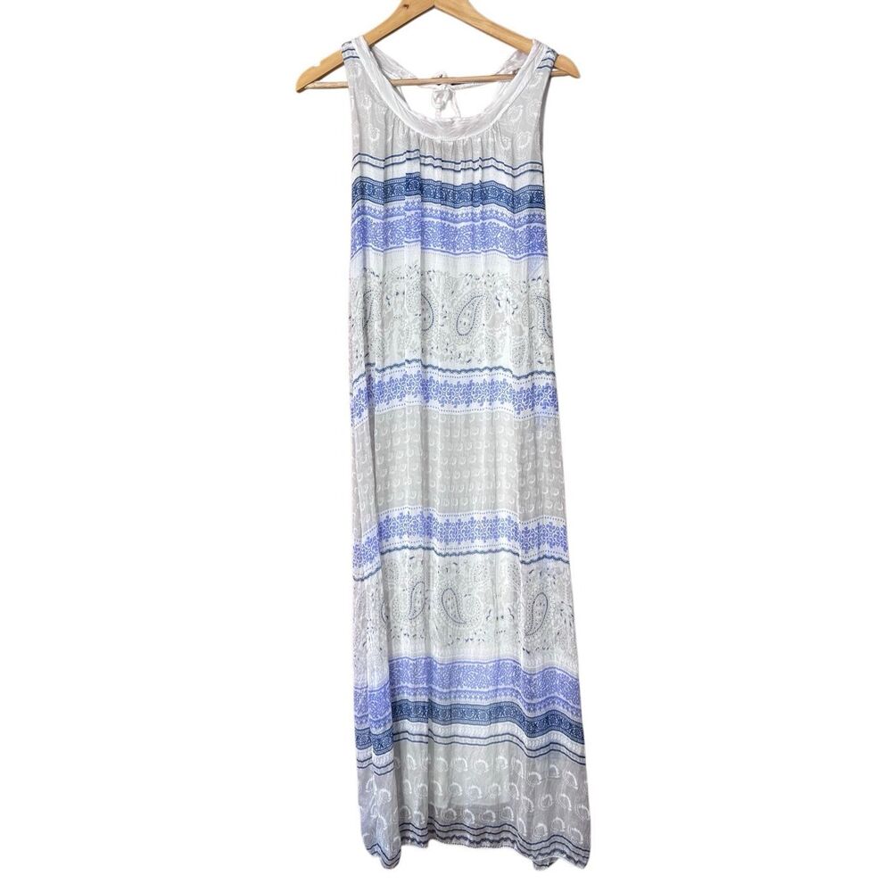 Scandal Made in Italy Silk/Viscose Layered Shift Dress paisley White and Blue Si